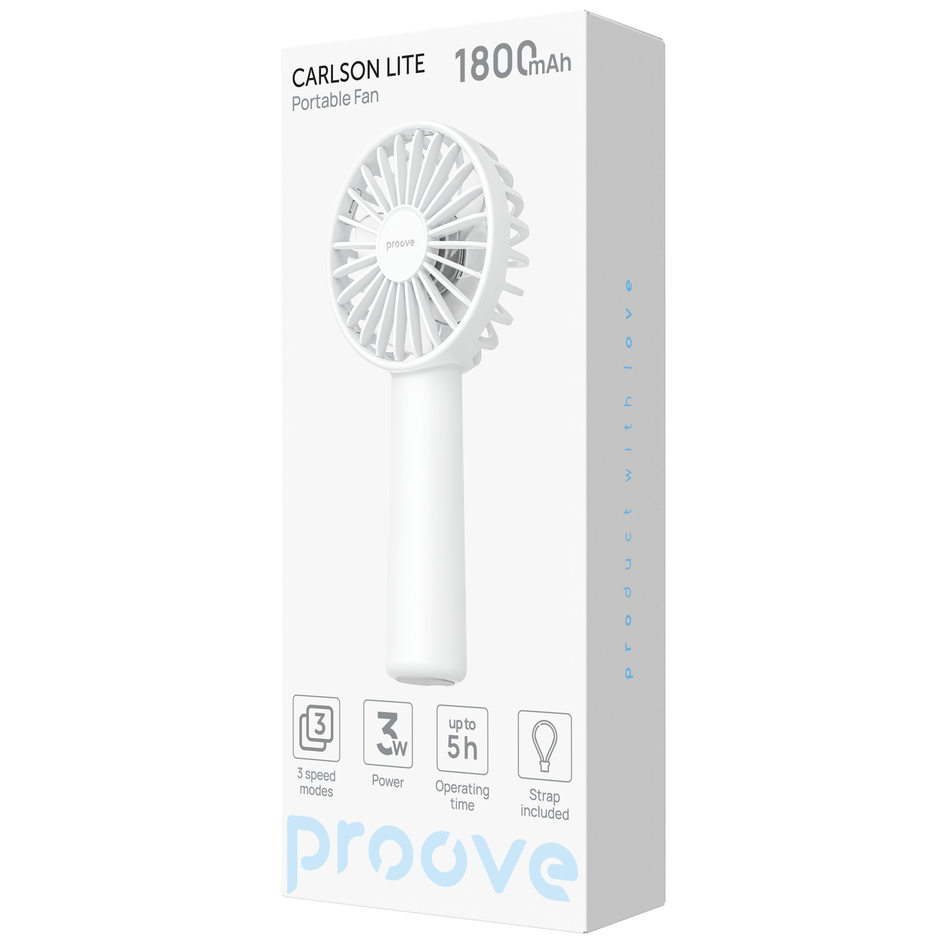 Ventilator portativ Proove Carlson Lite, 1800mAh, 3W, i bardhë