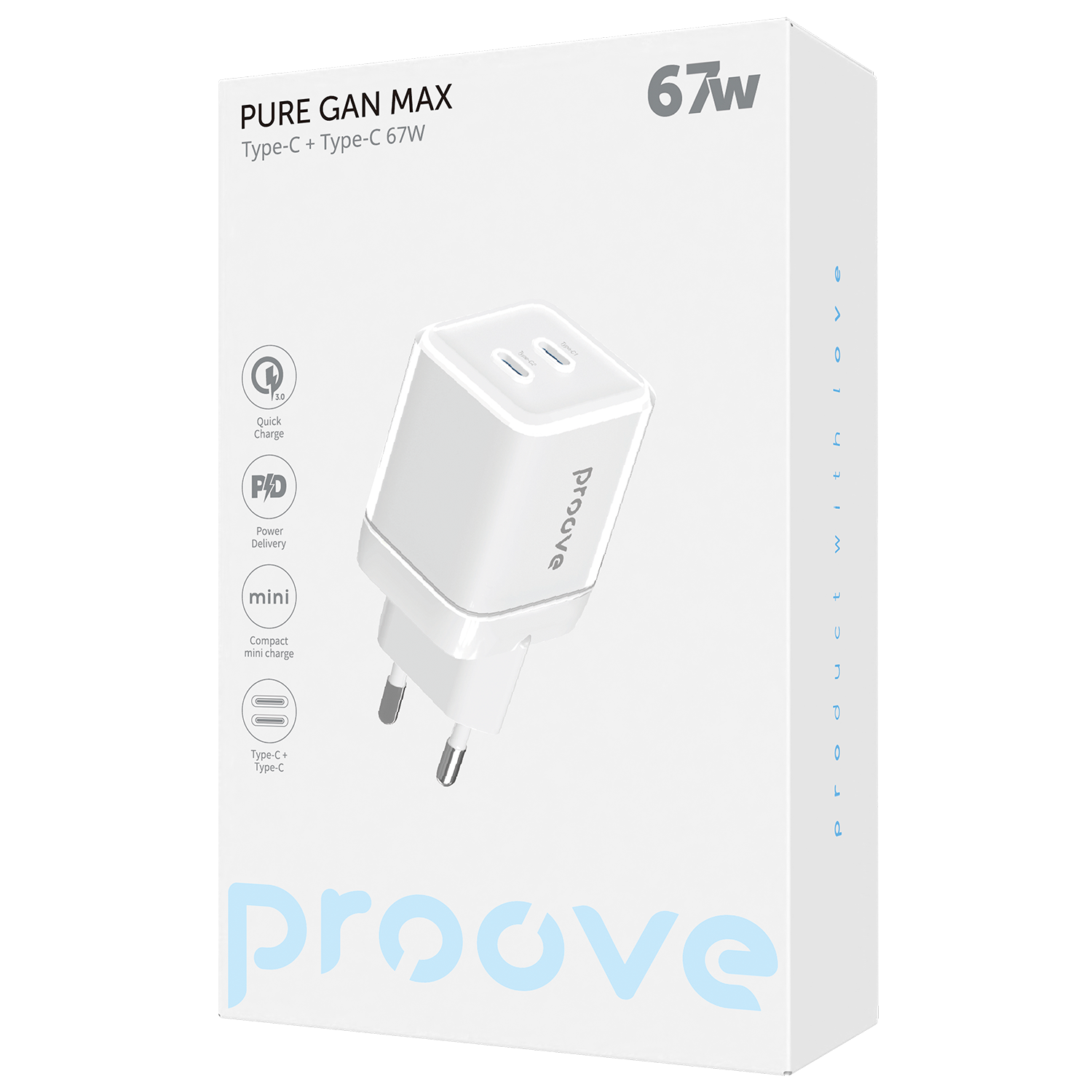 Karikues muri Proove Pure GaN Max, 67W, 2×Type-C, e bardhë