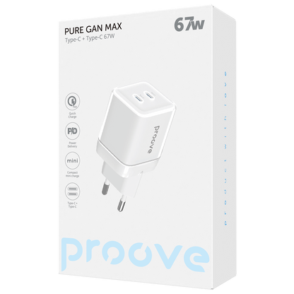 Karikues muri Proove Pure GaN Max, 67W, 2×Type-C, e bardhë
