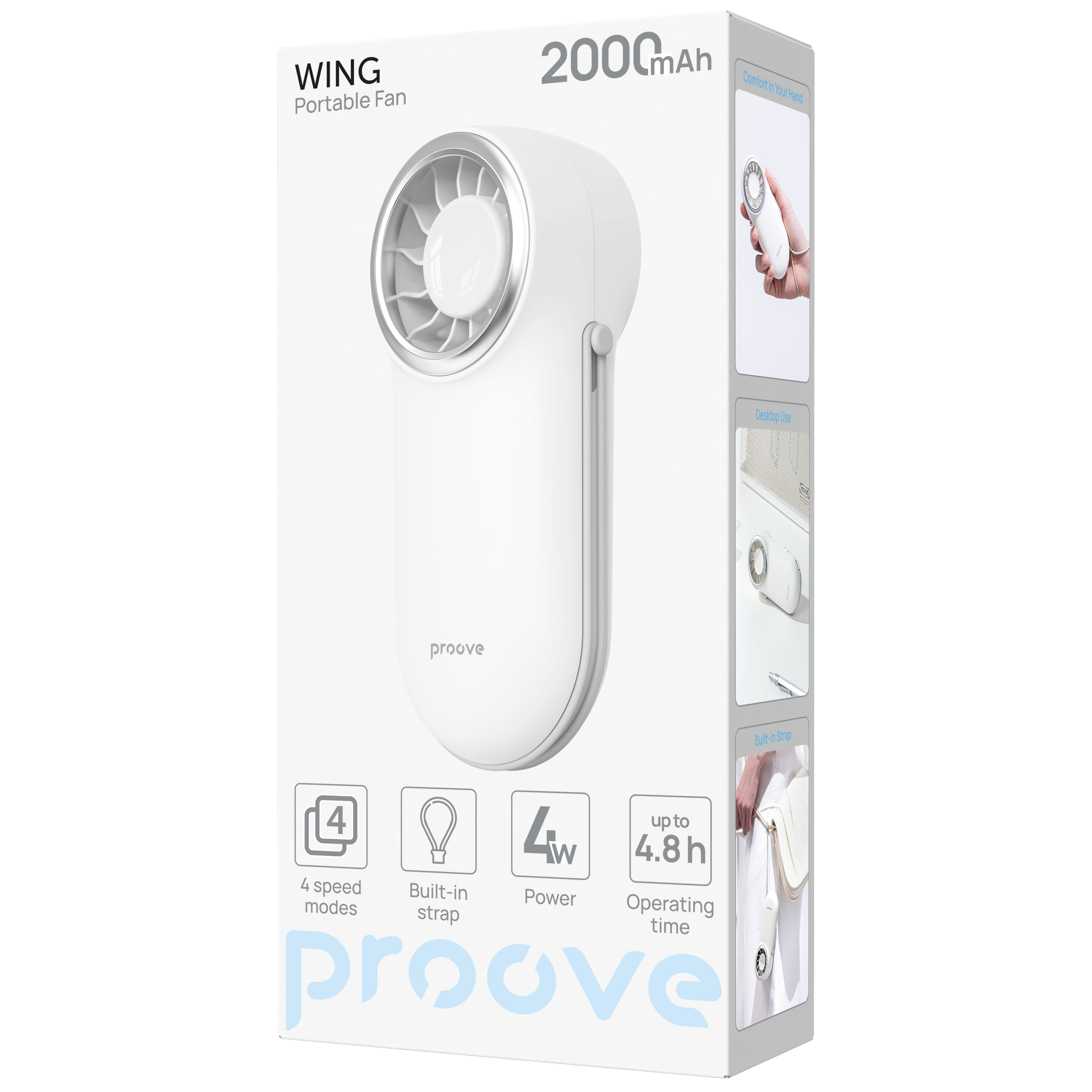 Ventilator portativ Proove Wing, 2000mAh, 4W, i bardhë
