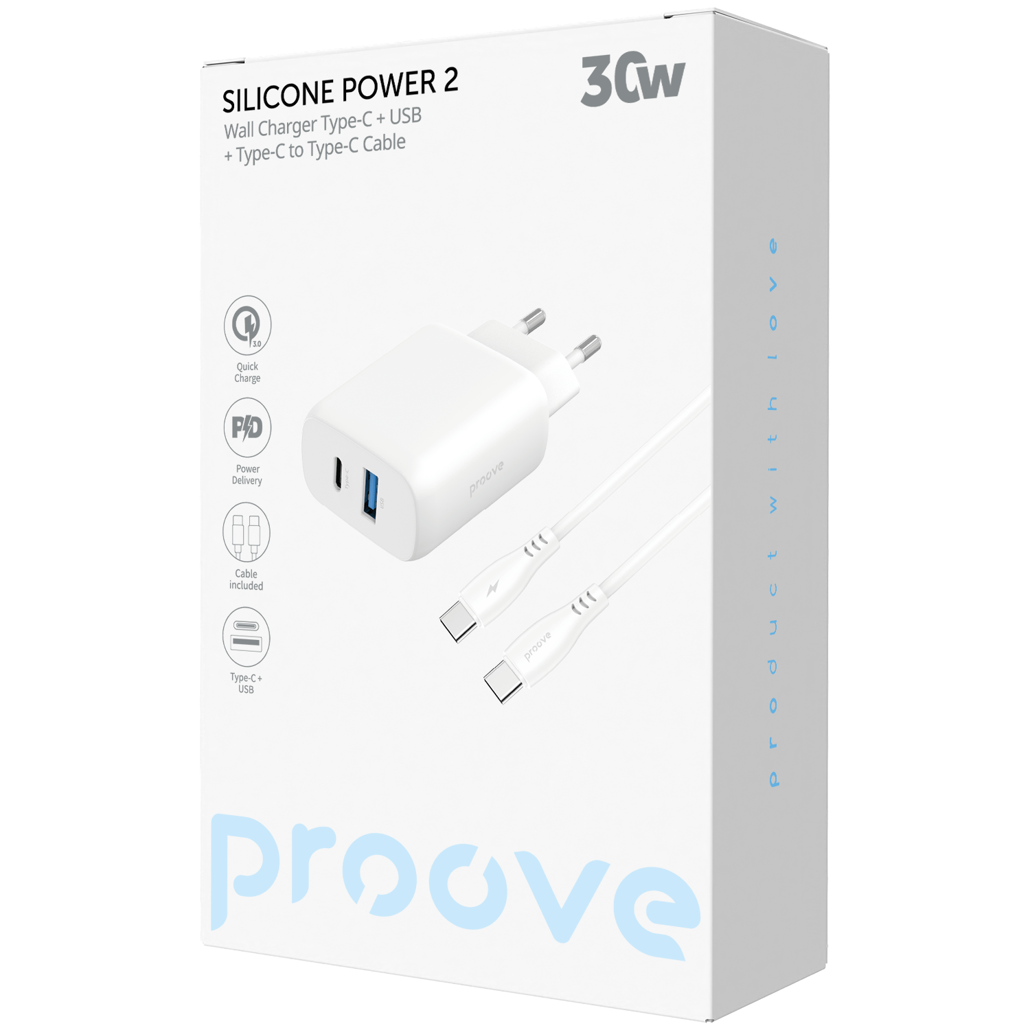 Karikues muri Proove Silicone Power 2, 30W, Type-C + USB, me kabllo Type-C në Type-C, e bardhë