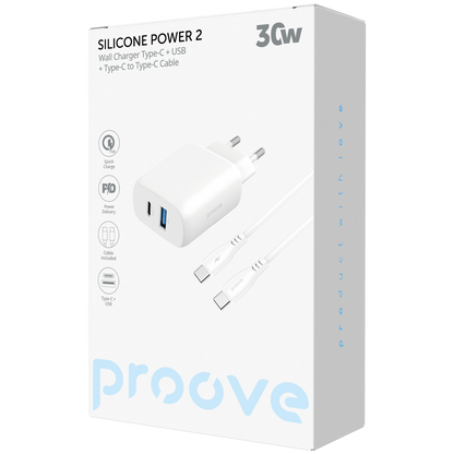 Karikues muri Proove Silicone Power 2, 30W, Type-C + USB, me kabllo Type-C në Type-C, e bardhë