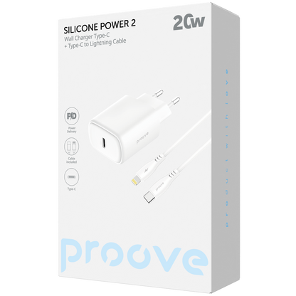 Karikues muri Proove Silicone Power 2, 20W, Type-C, me kabllo Type-C në Lightning, e bardhë