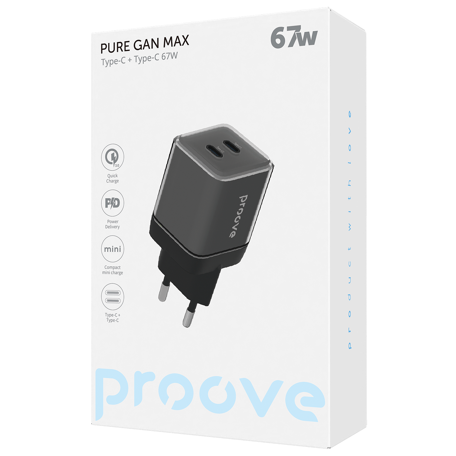 Karikues muri Proove Pure GaN Max, 67W, 2×Type-C, i zi