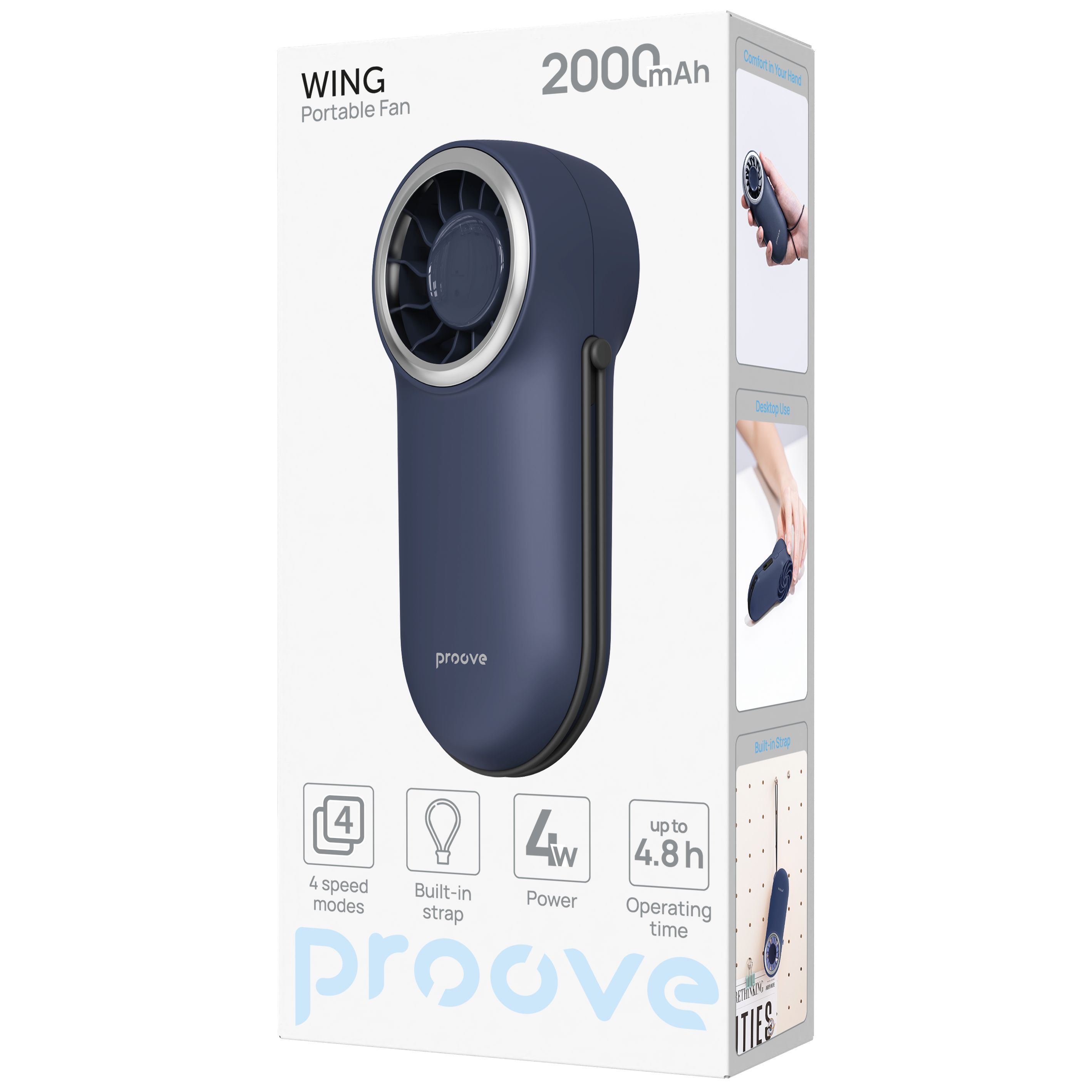 Ventilator portativ Proove Wing, 2000mAh, 4W, i kaltër