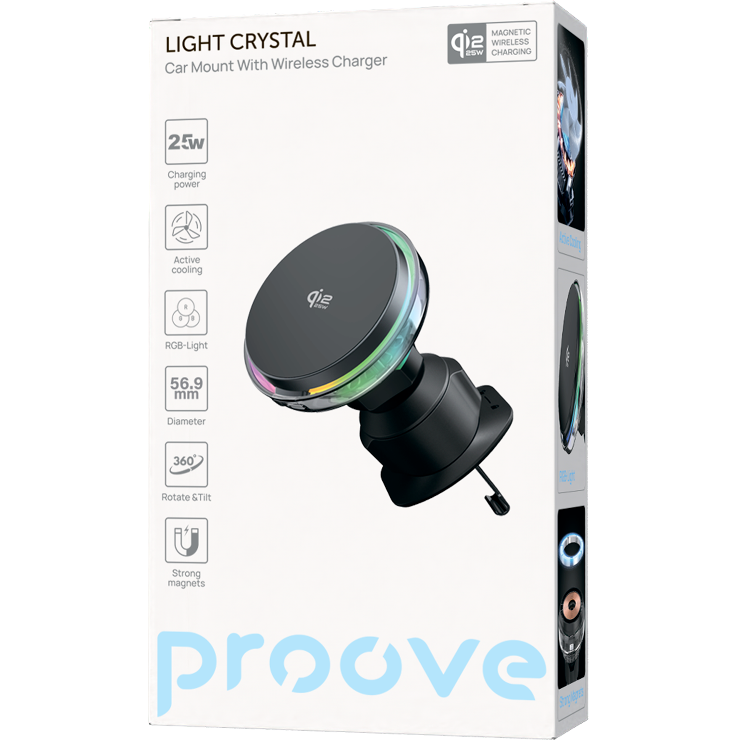 Mbajtëse veture me karikim wireless Proove Light Crystal, Qi2.2, 25W, për ventilim, gri