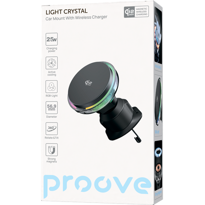 Mbajtëse veture me karikim wireless Proove Light Crystal, Qi2.2, 25W, për ventilim, gri