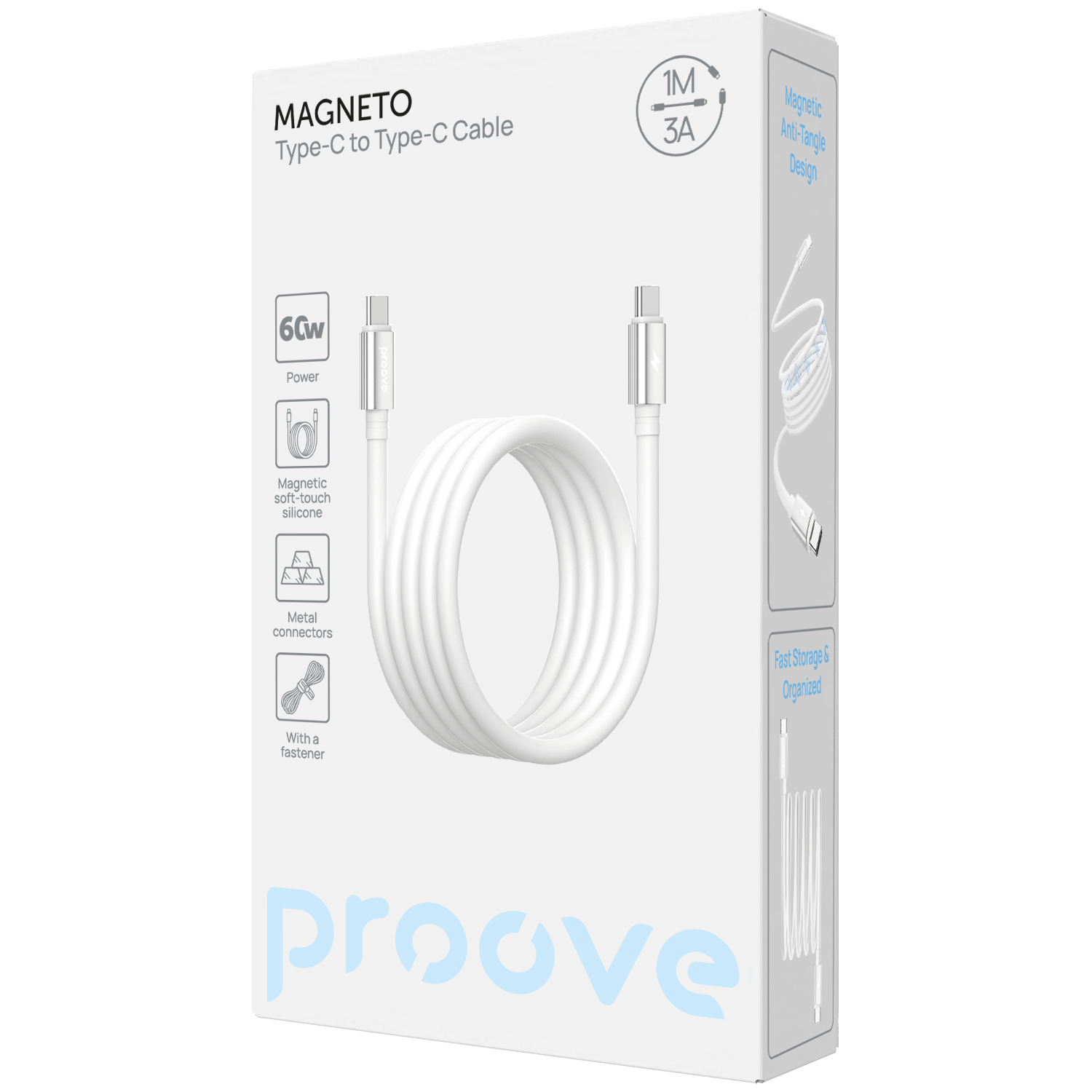 Kabllo karikimi magnetike Proove Magneto Type-C në Type-C, 60W, 1m, e bardhë