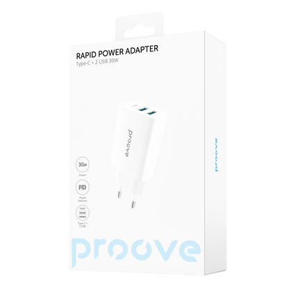 Karikues muri Proove Rapid, 30W, 2×USB + Type-C, i bardhë