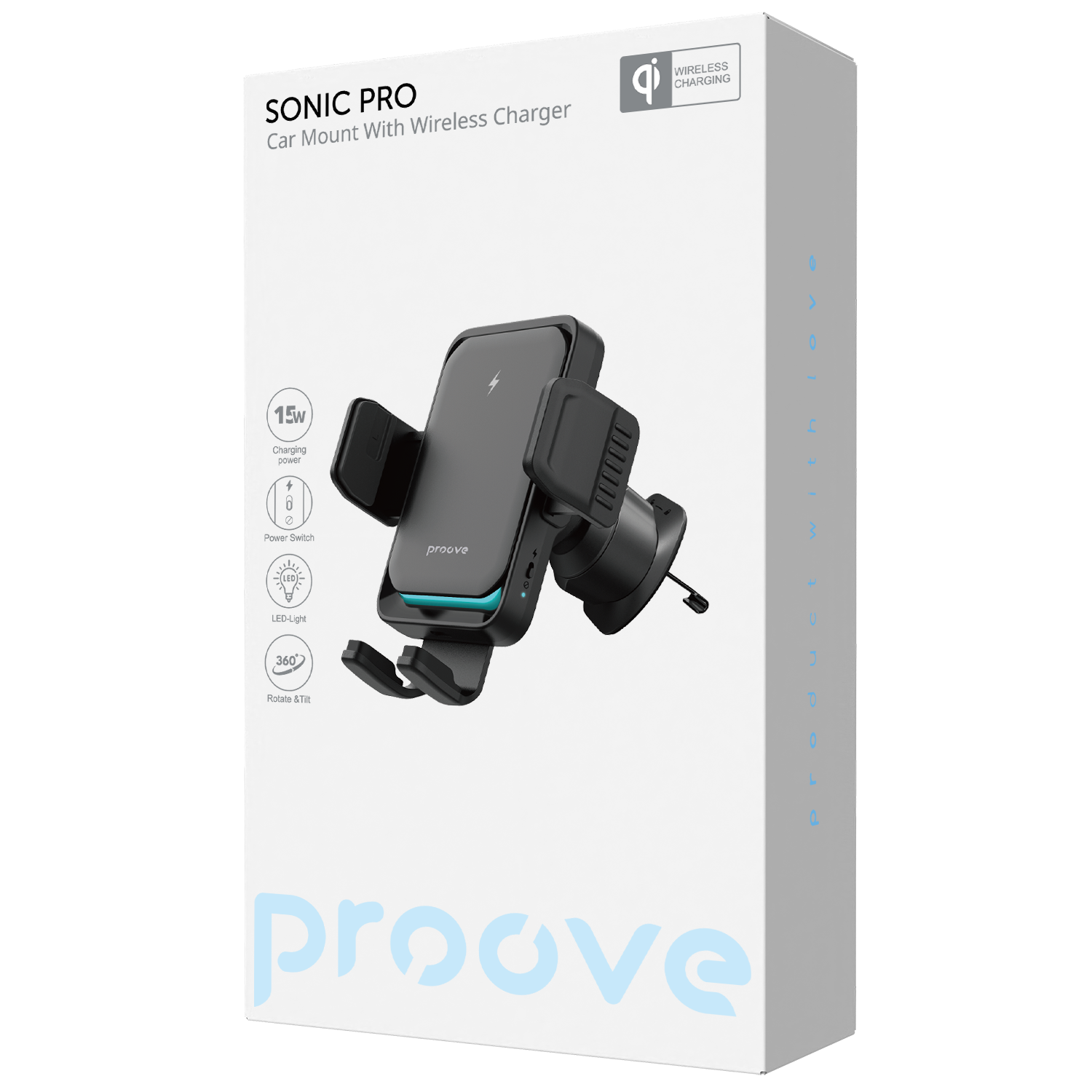 Mbajtëse veture me karikim wireless Proove Sonic Pro, Qi, 15W, për ventilim, e zezë