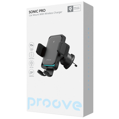 Mbajtëse veture me karikim wireless Proove Sonic Pro, Qi, 15W, për ventilim, e zezë