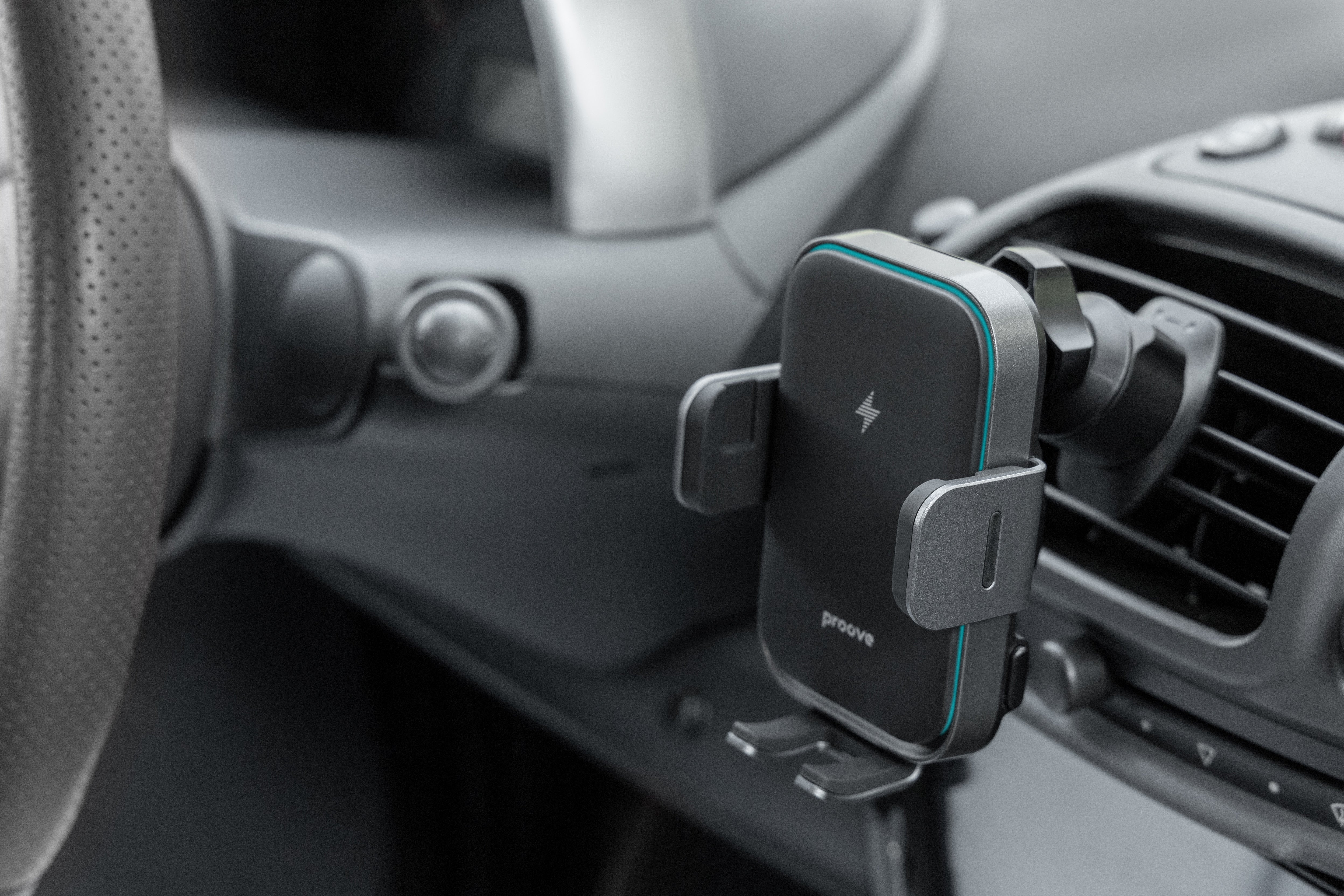 Mbajtëse për telefon me karikim wireless Proove Triple Clamp Pro, 15W, metal gri