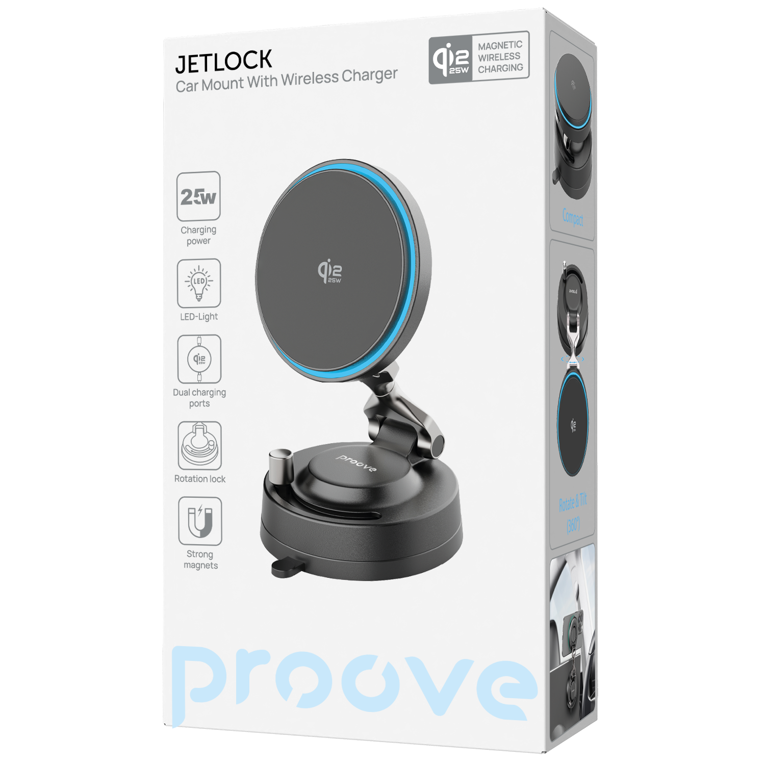 Mbajtëse veture me karikim wireless Proove Jetlock, Qi2, 25W, me thithëse, e zezë