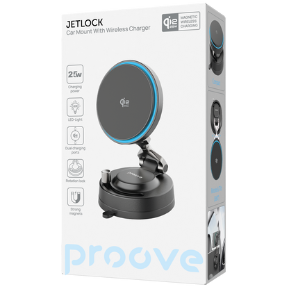 Mbajtëse veture me karikim wireless Proove Jetlock, Qi2, 25W, me thithëse, e zezë