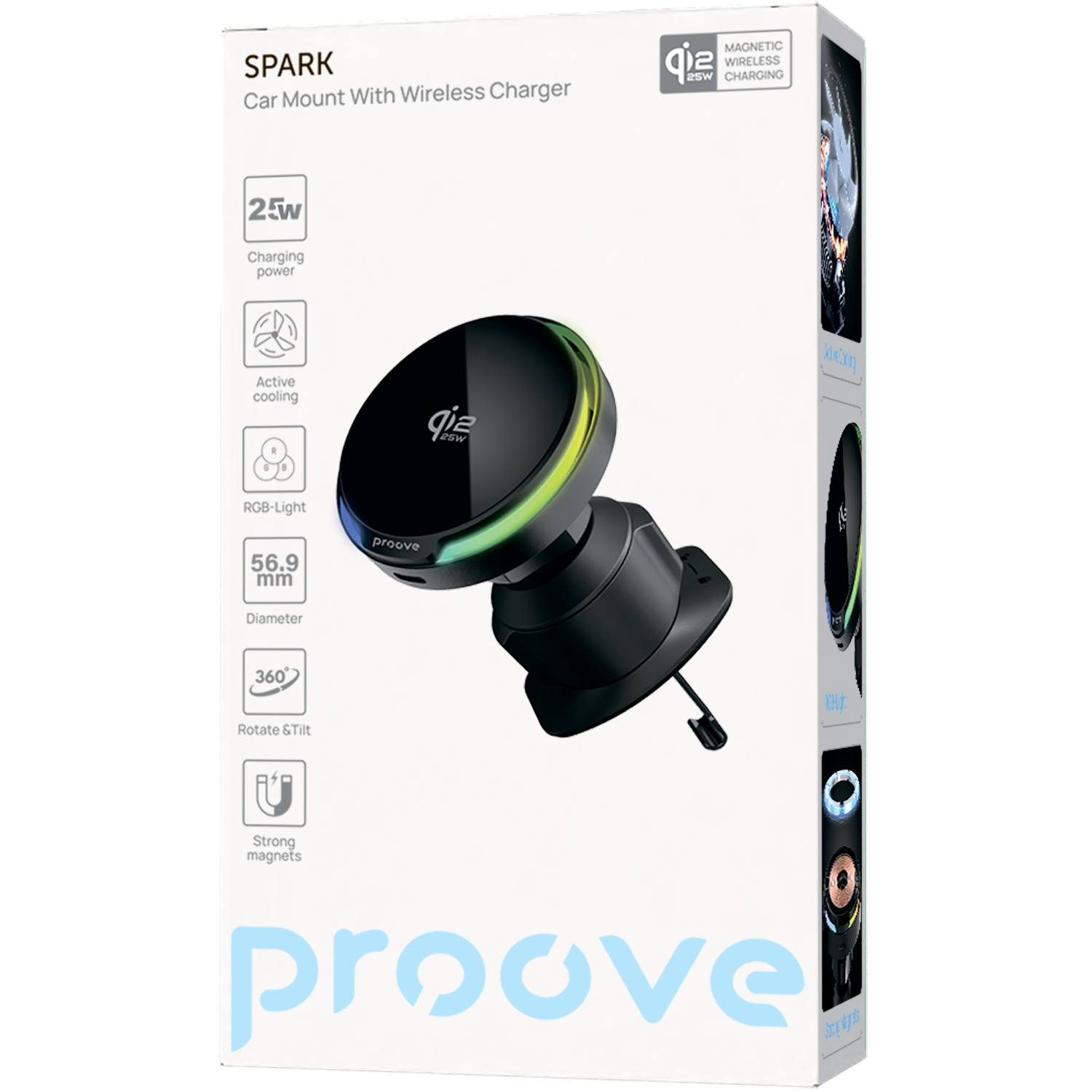 Mbajtëse veture me karikim wireless Proove Spark, Qi2.2, 25W, për ventilim, e zezë