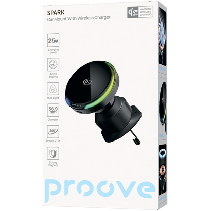 Mbajtëse veture me karikim wireless Proove Spark, Qi2.2, 25W, për ventilim, e zezë