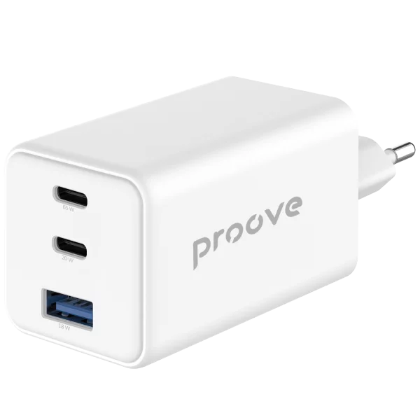 Karikues muri Proove Pocket, 65W, me 2×Type-C dhe USB, i bardhë