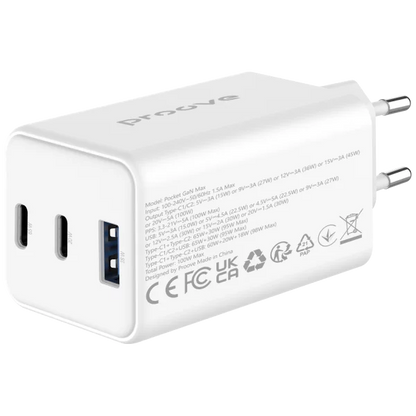 Karikues muri Proove Pocket, 65W, me 2×Type-C dhe USB, i bardhë