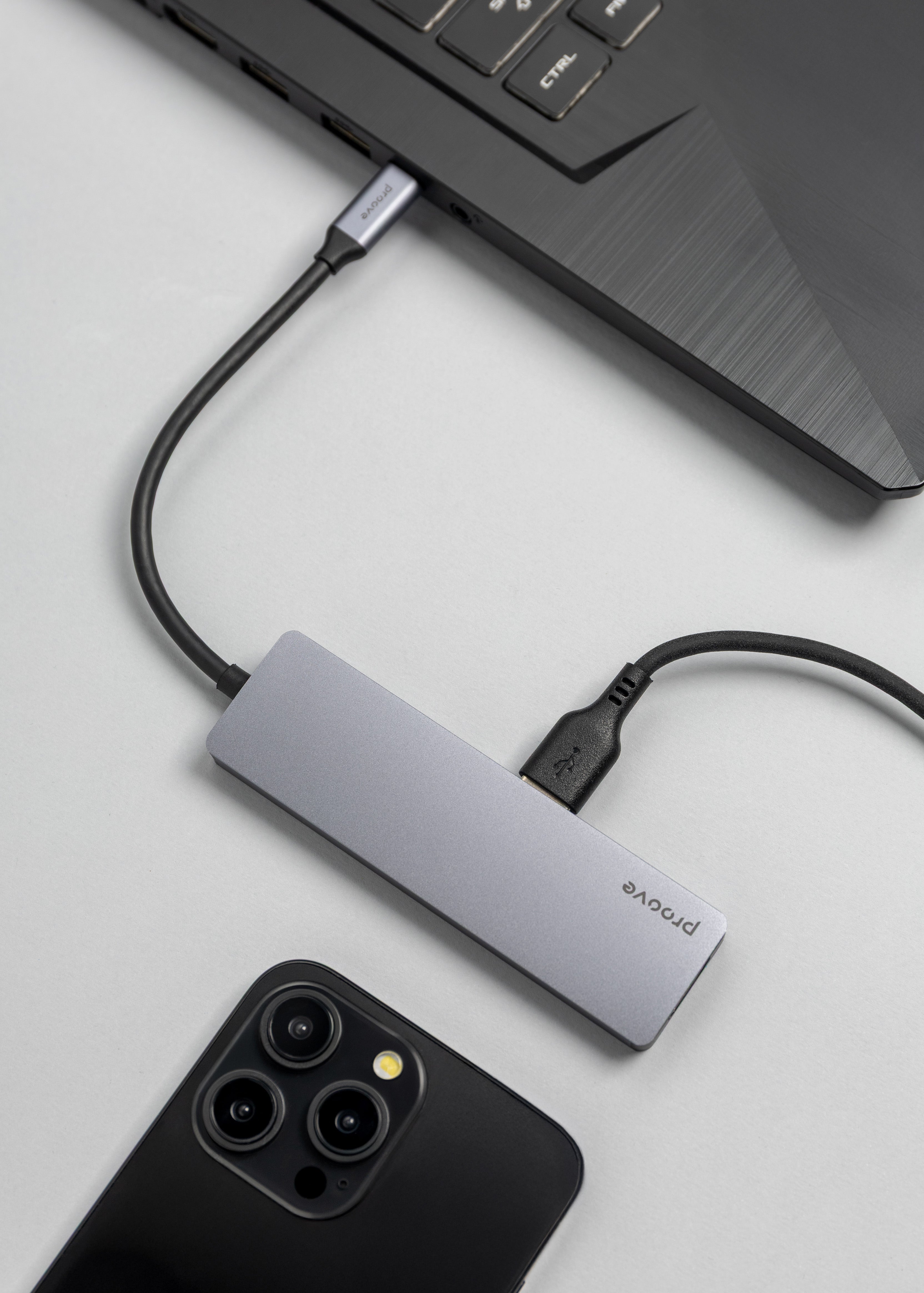 Adapter Hub Type-C Proove Iron Link 5 në 1 (3×USB3.0 + Type-C + HDMI), silver