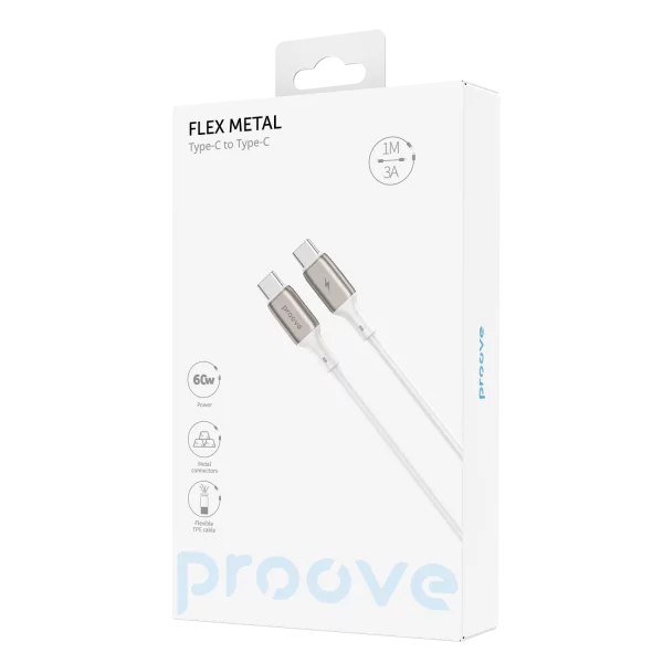 Kabllo karikimi Proove Flex Metal Type-C në Type-C, 60W, 1m, e bardhë