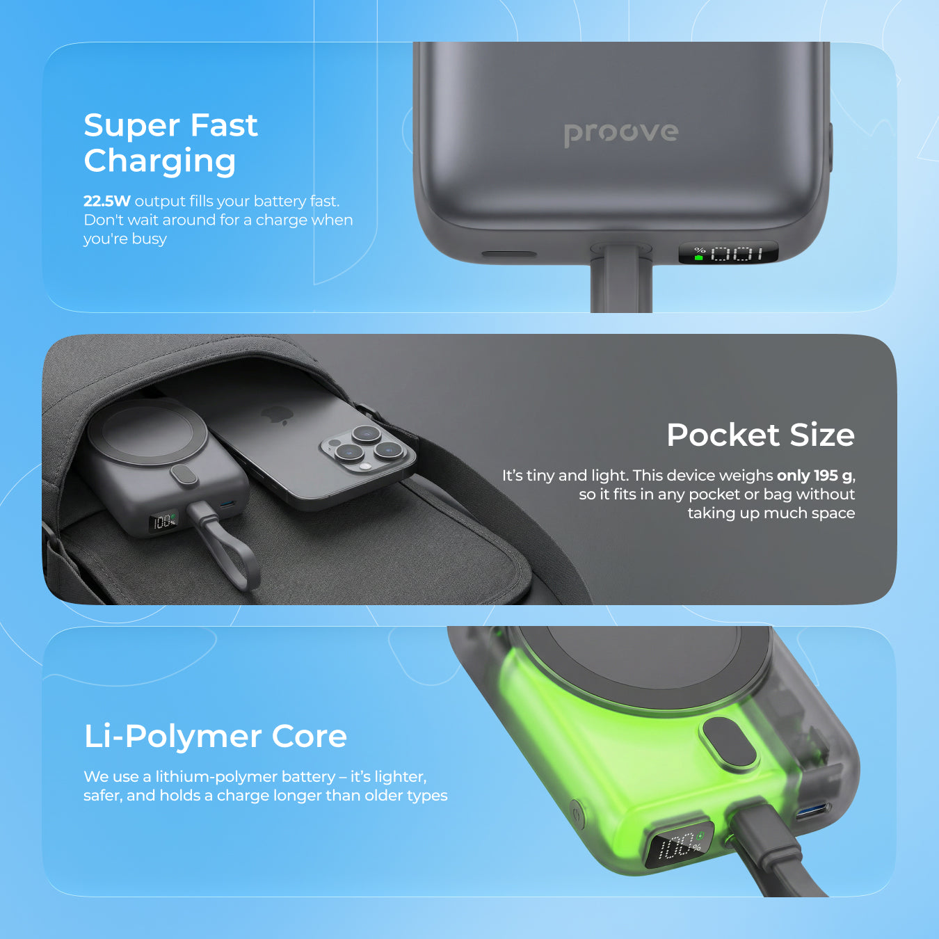 Powerbank Proove Neutron, 10000mAh, 22.5W, wireless, silver