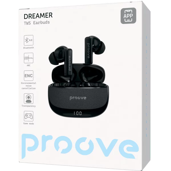 Dëgjuse wireless Proove Dreamer TWS me ANC dhe aplikacion dedikuar (APP), të zeza