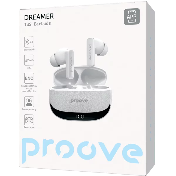 Dëgjuse wireless Proove Dreamer TWS me ANC dhe aplikacion dedikuar (APP), të bardha