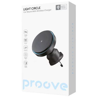 Mbajtëse magnetike për telefon me karikim wireless Proove Light Circle, 15W, për ventilim makine, e zezë