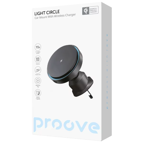 Mbajtëse magnetike për telefon me karikim wireless Proove Light Circle, 15W, për ventilim makine, e zezë