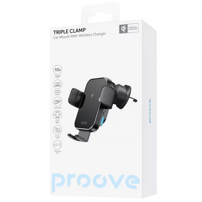 Mbajtëse për telefon me karikim wireless Proove Triple Clamp, 15W, për ventilim ose panel, e zezë
