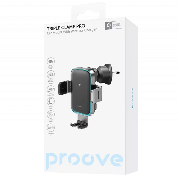 Mbajtëse për telefon me karikim wireless Proove Triple Clamp Pro, 15W, metal gri