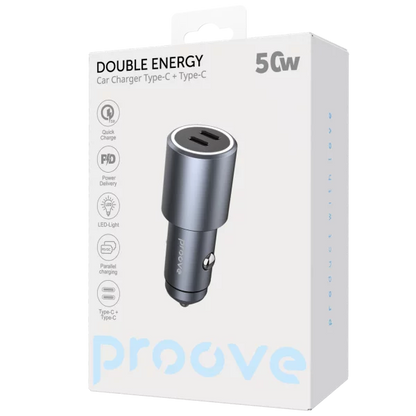 Karikues për makinë Proove Double Energy, 50W, 2×Type-C, metal gri