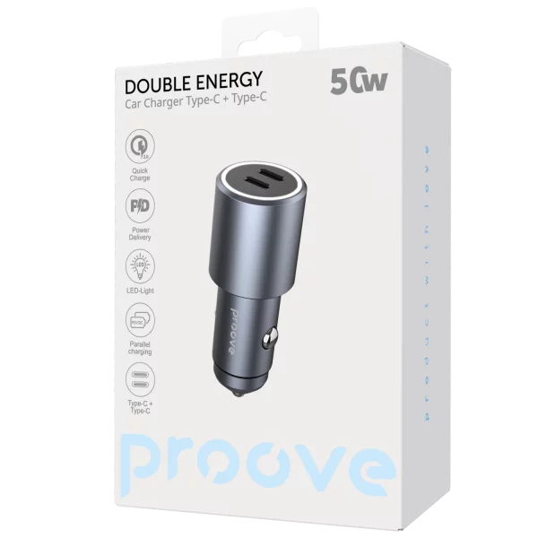 Karikues për makinë Proove Double Energy, 50W, 2×Type-C, metal gri