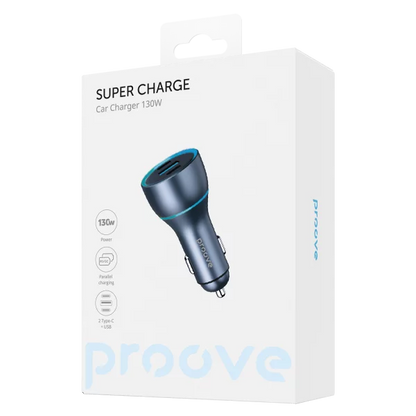Karikues për makinë Proove Supercharge, 130W, 2×Type-C + USB, metal gri