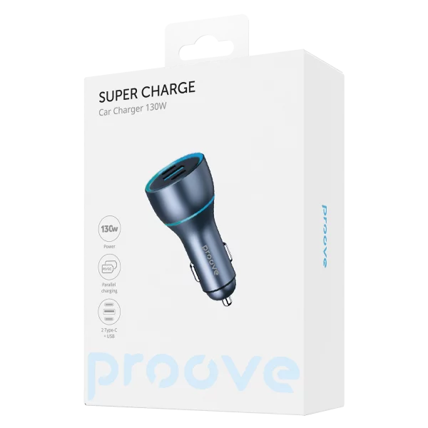 Karikues për makinë Proove Supercharge, 130W, 2×Type-C + USB, metal gri