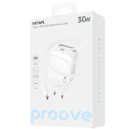 Karikues muri Proove Fixtape me kabllo të integruar Type-C, 30W, i bardhë