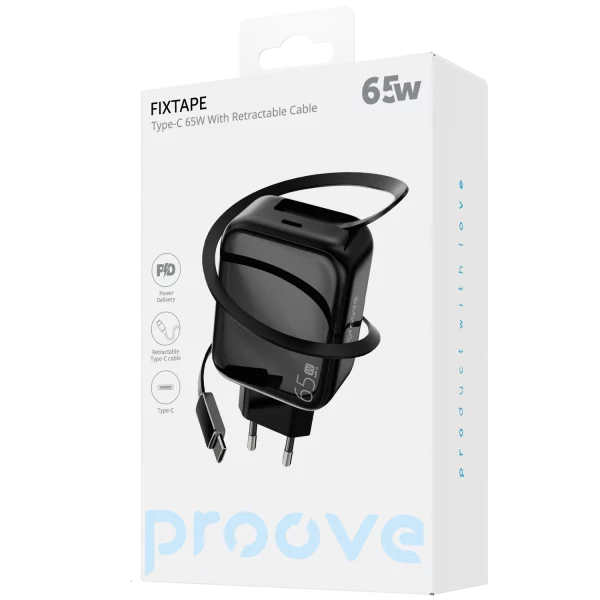Karikues muri Proove Fixtape me kabllo të integruar Type-C, 65W, e zezë