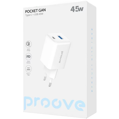 Karikues muri Proove Pocket, 45W, me USB dhe Type-C, i bardhë