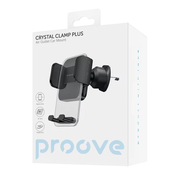 Mbajtëse për telefon Proove Crystal Clamp, për ventilim makine, 4.7″–6.9″, e zezë