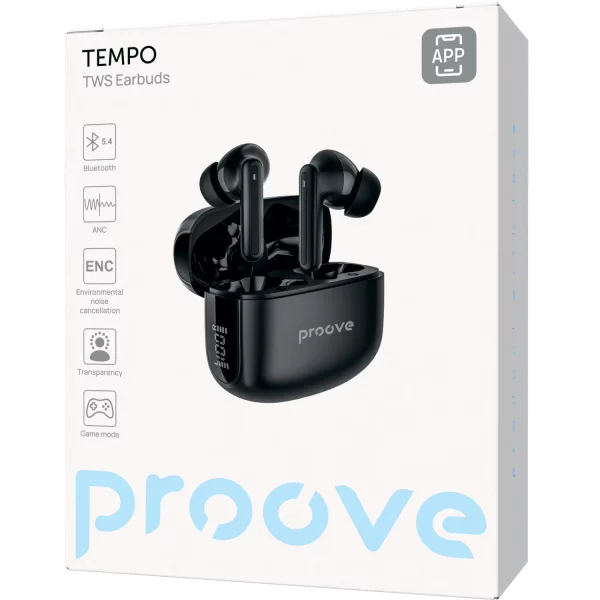 Dëgjuse wireless Proove Tempo TWS, ANC, me aplikacion, të zeza