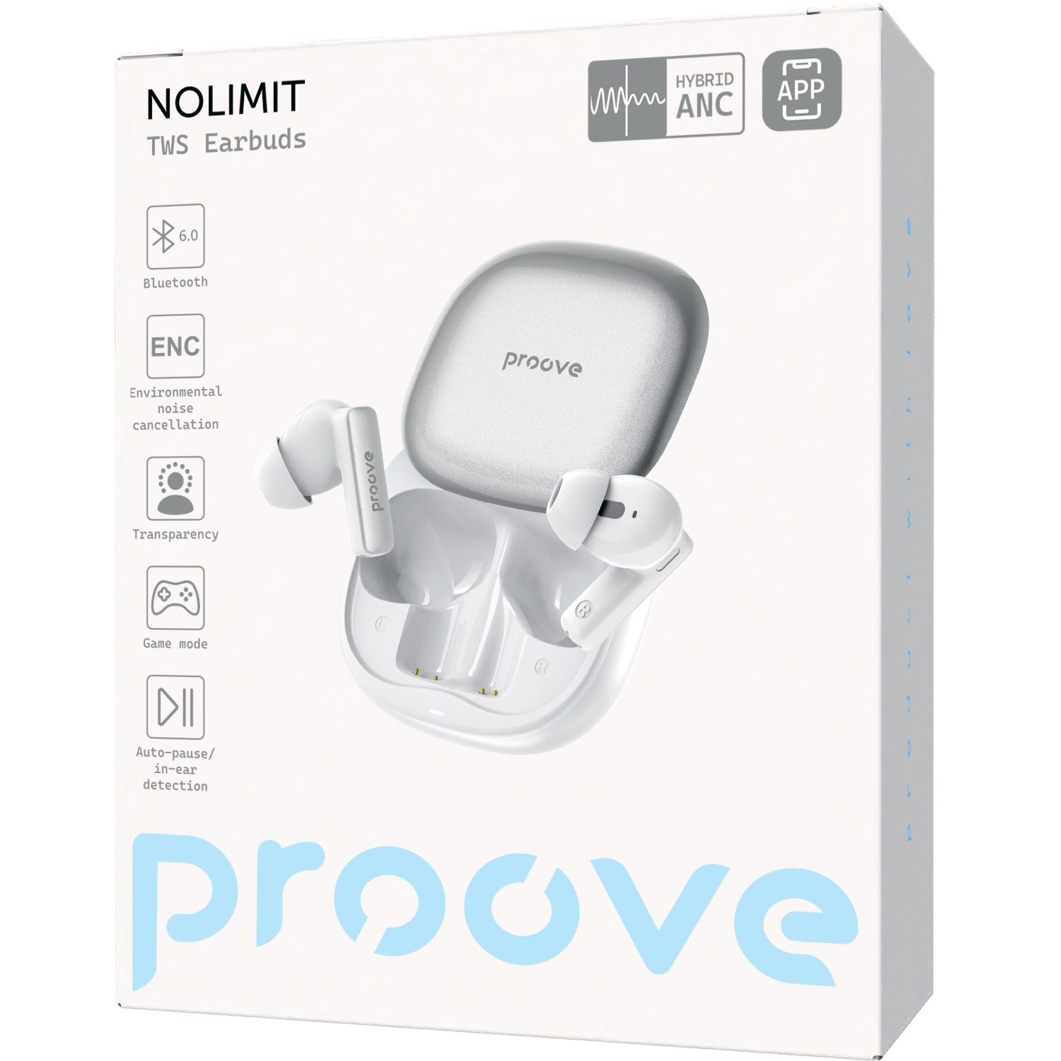 Dëgjuse wireless Proove NoLimit TWS me Hybrid ANC dhe aplikacion inteligjent (APP), të bardha