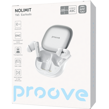 Dëgjuse wireless Proove NoLimit TWS me Hybrid ANC dhe aplikacion inteligjent (APP), të bardha