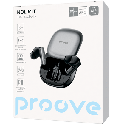 Dëgjuse wireless Proove NoLimit TWS me Hybrid ANC dhe aplikacion inteligjent (APP), të zeza