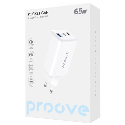 Karikues muri Proove Pocket, 65W, me 2×Type-C dhe USB, i bardhë