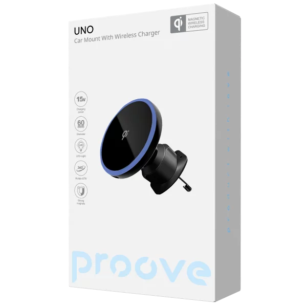 Mbajtëse magnetike për telefon me karikim wireless Proove Uno, 15W, për ventilim makine, e zezë