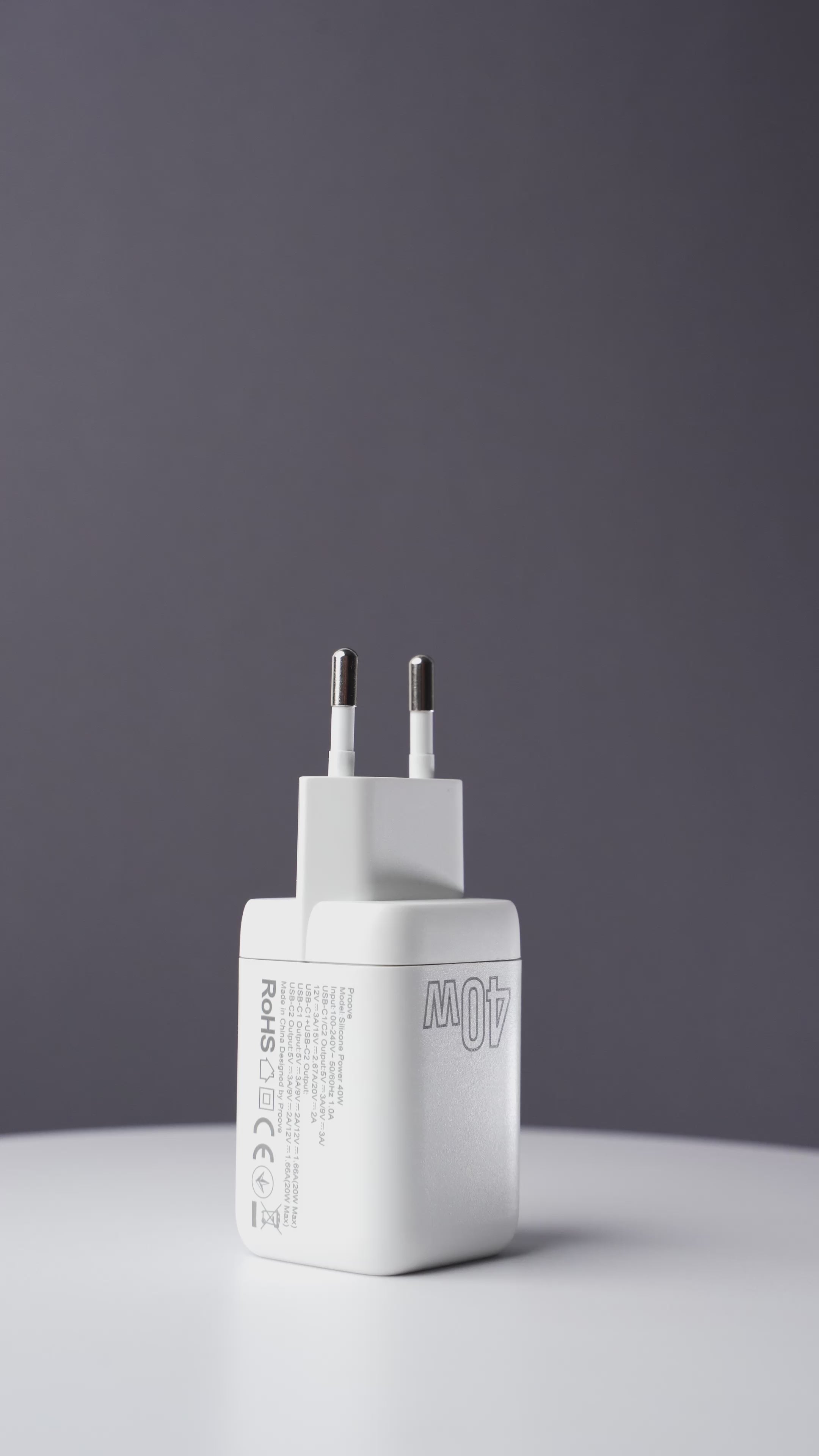 Karikues muri Proove Silicone Power, 40W, me 2×Type-C, i bardhë