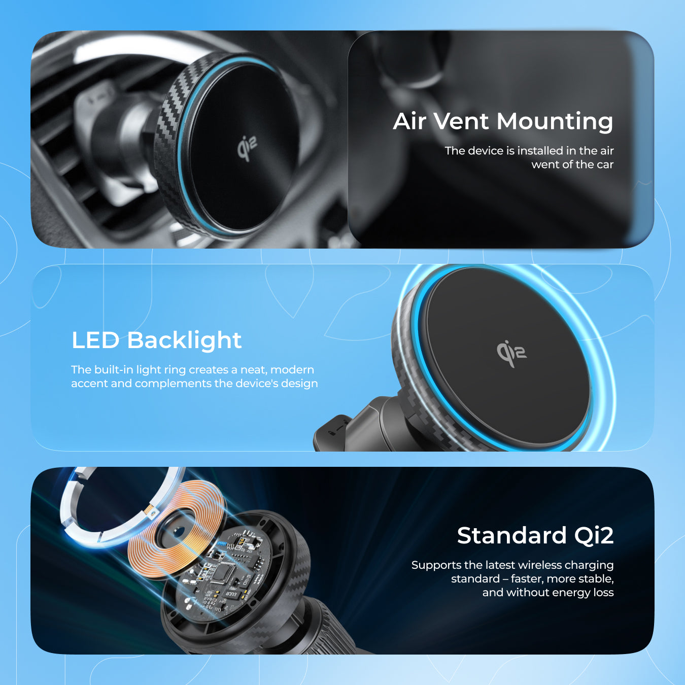 Mbajtëse magnetike për telefon me karikim wireless Proove Graphite Circle Qi2, 15W, për ventilim makine, e zezë