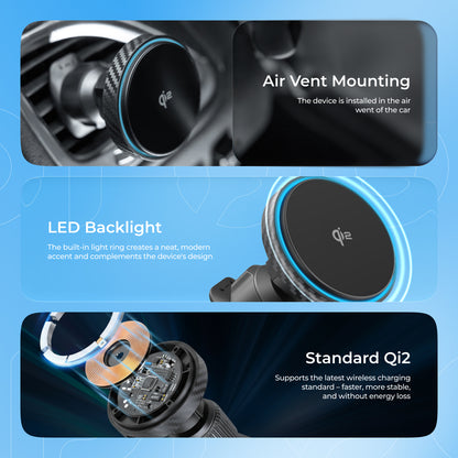 Mbajtëse magnetike për telefon me karikim wireless Proove Graphite Circle Qi2, 15W, për ventilim makine, e zezë